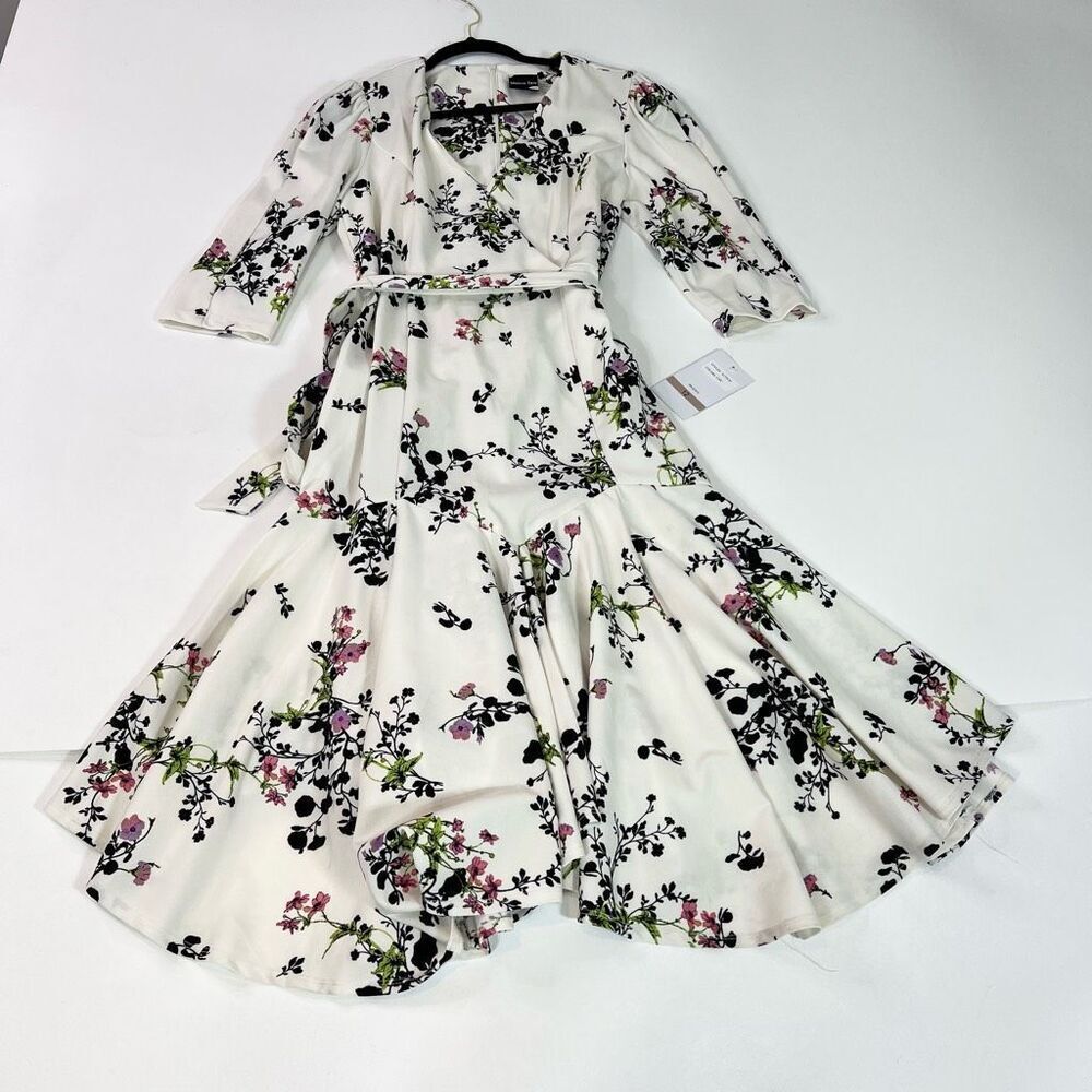 Maison Tara Midi Dress Womens 12 White Ruffle Tiered Belted Floral Faux Wrap new